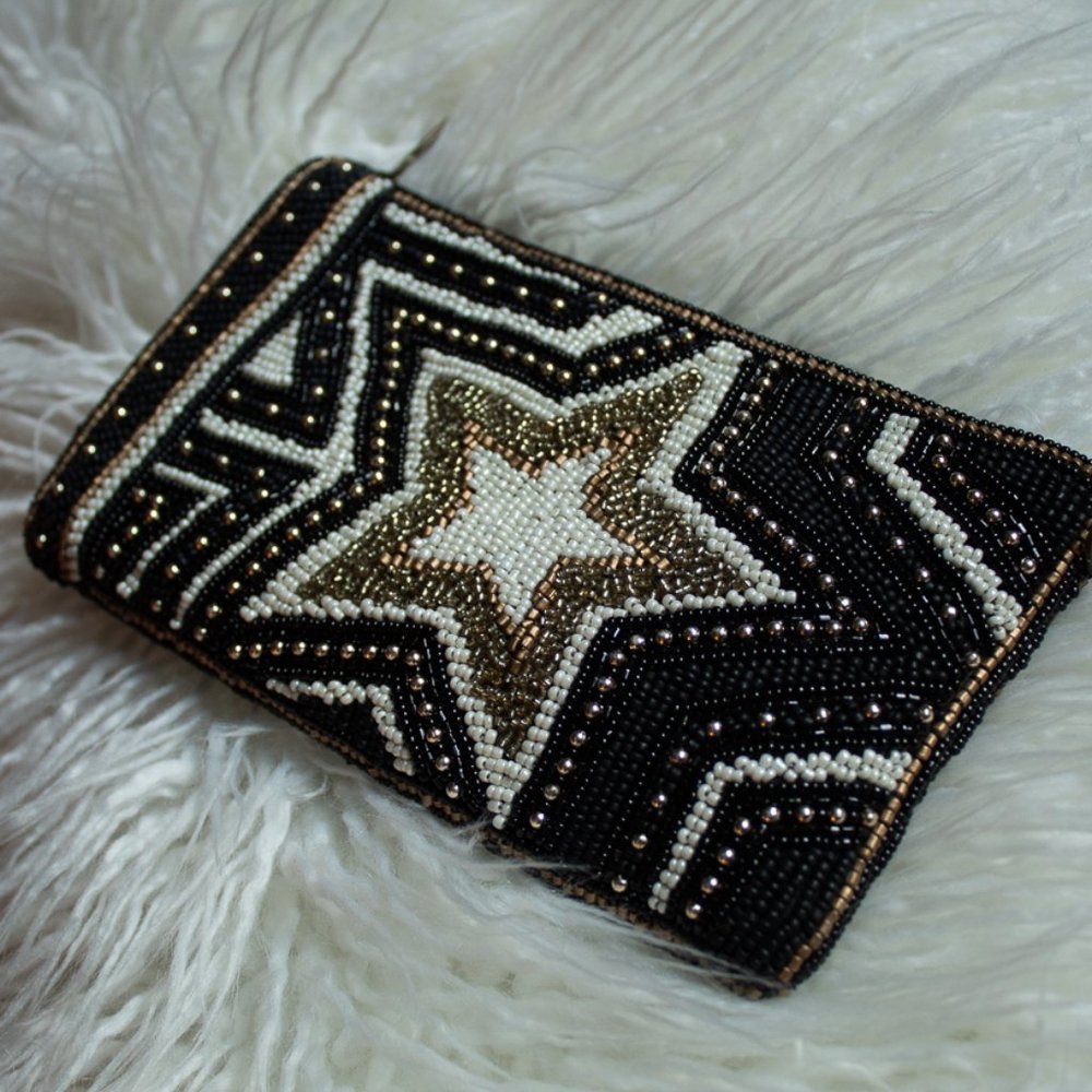 MARY FRANCES black rock n roll beaded star phone bag - gold chain strap NWOT